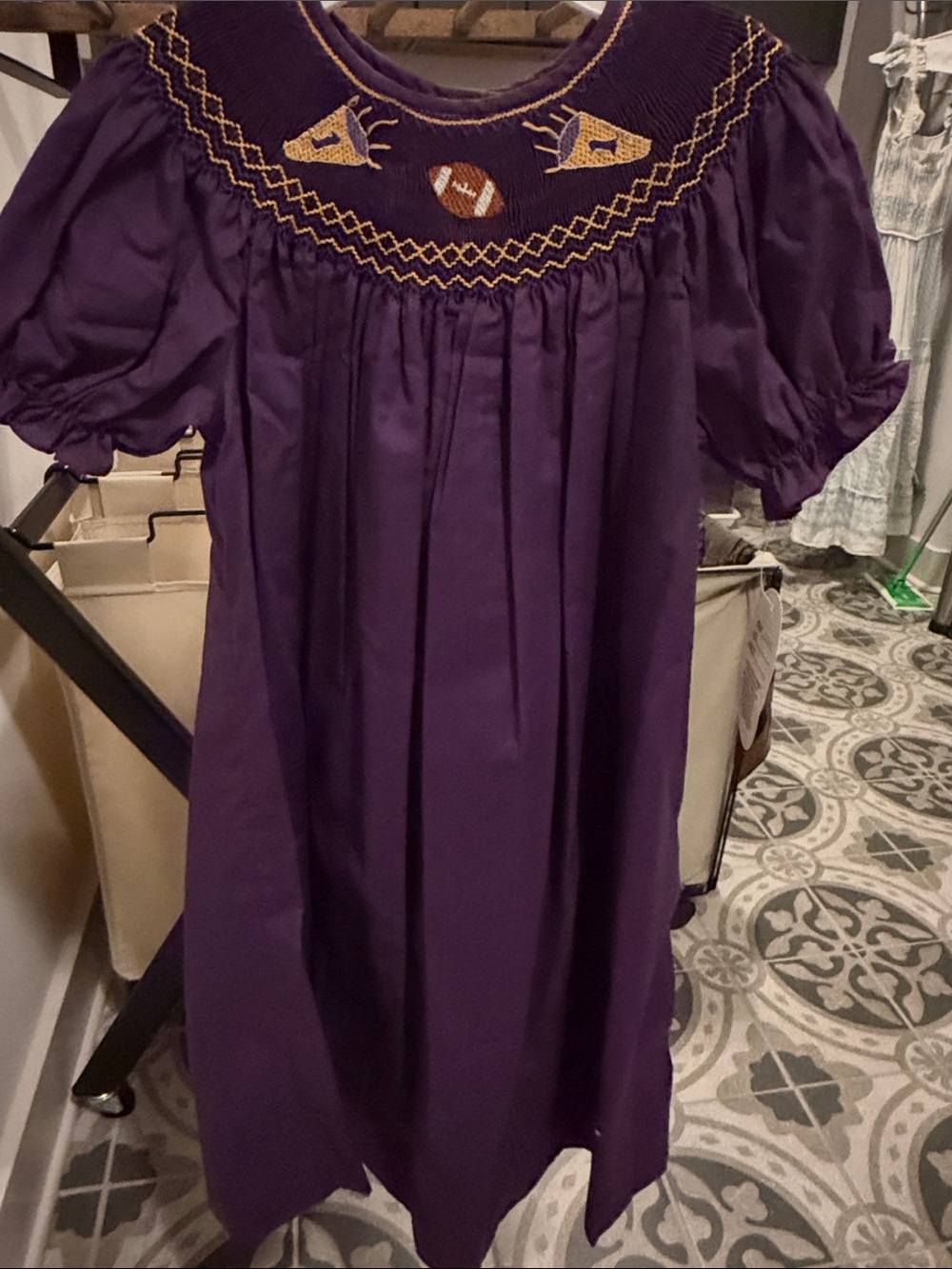 Girls' Purple gold Smocked Dress with Football cheerleader LSU Sz 6